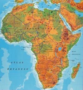Afrika fiziki haritası selofan kaplı çıtalı duvar haritası
